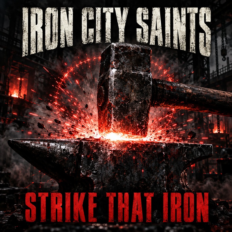 Strike That Iron EP artwork: a hammer striking an anvil beneath a halo of red sparks